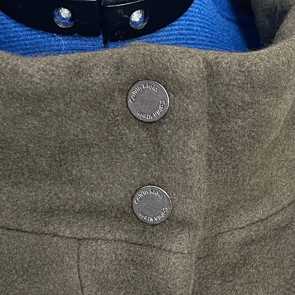 Calvin Klein Angora Wool Blend Trench Coat Olive Green Sz L Mob Wife Mock Neck - Picture 9 of 14